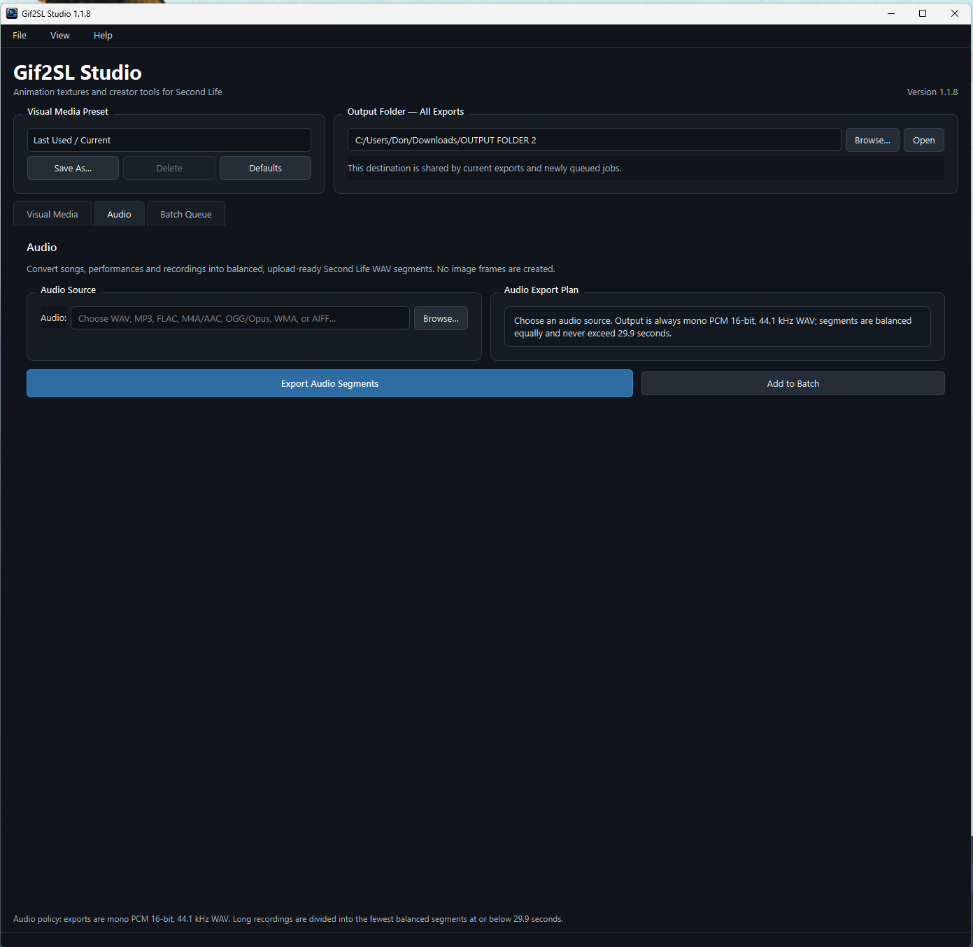Gif2SL Studio Audio workspace with source and export plan