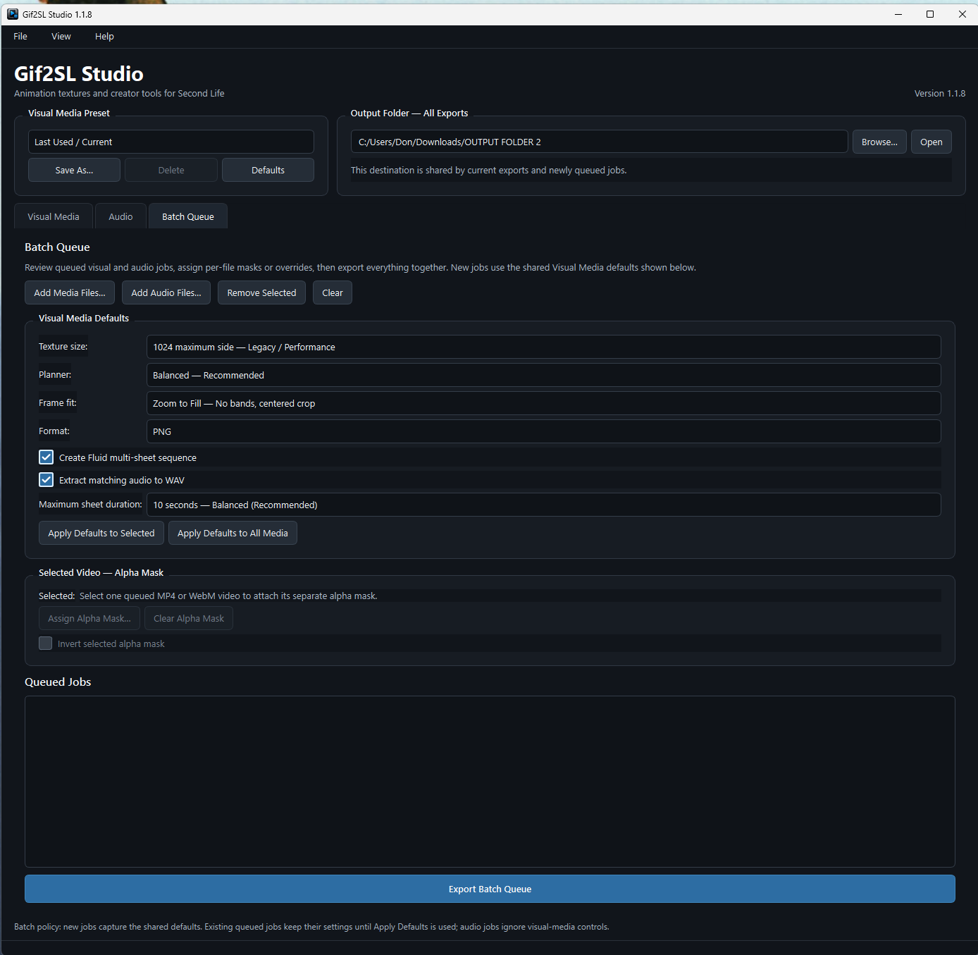 Gif2SL Studio Batch Queue with shared visual defaults