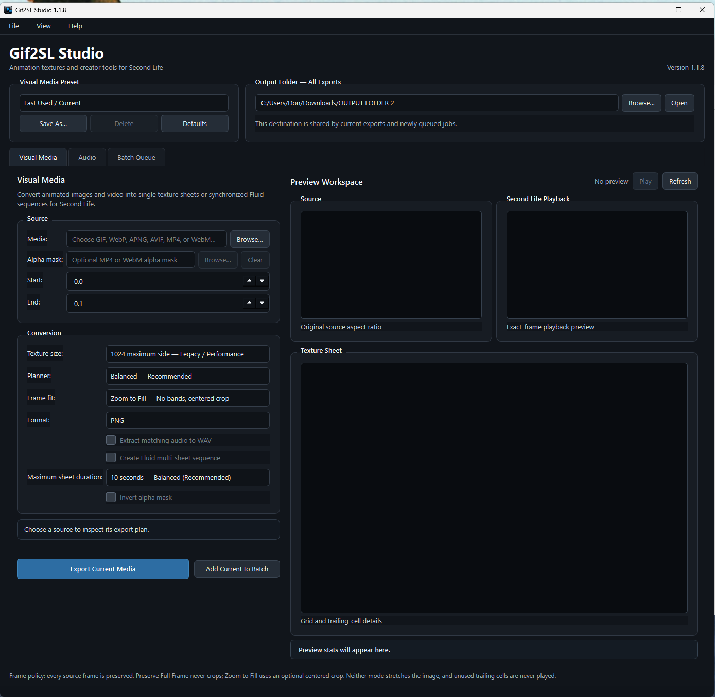 Gif2SL Studio Visual Media workspace with conversion settings and preview panels